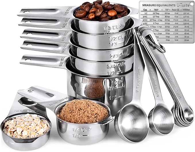 U-Taste Measuring Cups and Spoons Set of 15 : 7 Measuring Cups and 7 Measuring Spoons with 2 D-Rings and 1 Professional Magnetic Measurement Conversion Chart by U-Taste