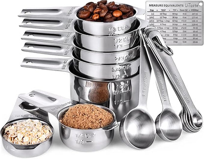 U-Taste Measuring Cups and Spoons Set of 15 : 7 Measuring Cups and 7 Measuring Spoons with 2 D-Rings and 1 Professional Magnetic Measurement Conversion Chart by U-Taste