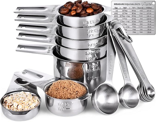 U-Taste Measuring Cups and Spoons Set of 15 : 7 Measuring Cups and 7 Measuring Spoons with 2 D-Rings and 1 Professional Magnetic Measurement Conversion Chart by U-Taste