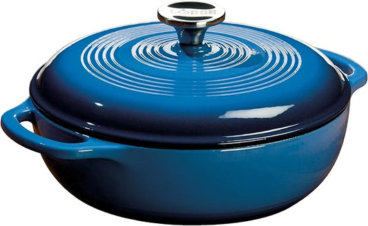 Lodge 3 Quart Enameled Cast Iron Dutch Oven with Lid – Dual Handles – Oven Safe up to 500° F or on Stovetop - Use to Marinate, Cook, Bake, Refrigerate and Serve – Caribbean Blue by Lodge