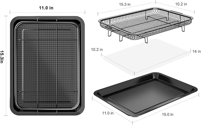 Air Fryer Basket for Oven, OPENICE 15.3" x 11.0" Air Fryer Tray and Pan Set with 30PCS Parchment Papers, Stainless Steel Oven Air Fryer Basket and Tray for Baking Grilling - Black