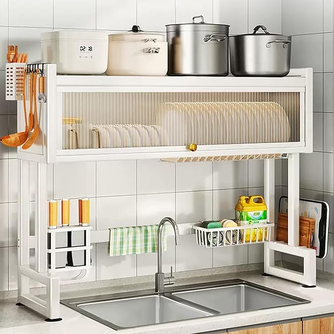 Milkshake White 3 Tier Over Sink Dish Rack Drainer with Cover - Space-Saving Organized Drying Rack for Dishes, Glasses, Bowls, Cutlery by Hdrriozu