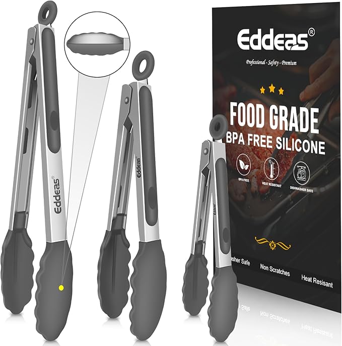 Kitchen Tongs with Silicone Tips - Heat Resistant 600 Degrees Stainless Steel Locking Cooking Tongs with Rubber Tips, Non-Stick Food Tongs for Cooking, Heavy Duty, Set of 3-7" 9" and 12" Grey by Eddeas