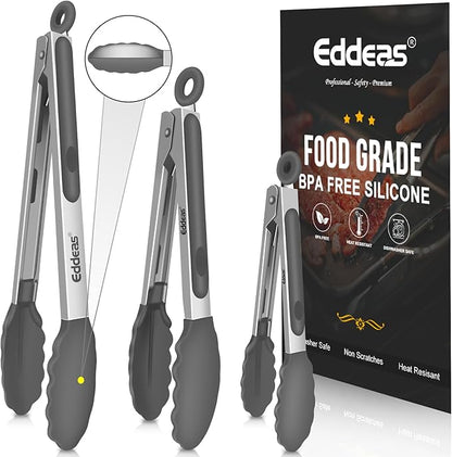 Kitchen Tongs with Silicone Tips - Heat Resistant 600 Degrees Stainless Steel Locking Cooking Tongs with Rubber Tips, Non-Stick Food Tongs for Cooking, Heavy Duty, Set of 3-7" 9" and 12" Grey by Eddeas