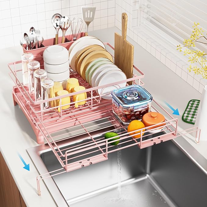 Laveshop Dish Drying Rack - Expandable Rack, Large Capacity Dish Drainer for Kitchen Counter, Rust-Proof with Utensil Holder, Pink by Unknown