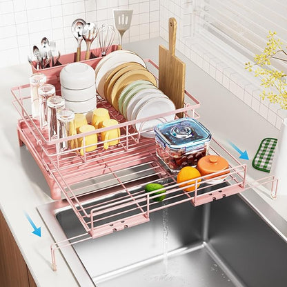 Laveshop Dish Drying Rack - Expandable Rack, Large Capacity Dish Drainer for Kitchen Counter, Rust-Proof with Utensil Holder, Pink by Unknown