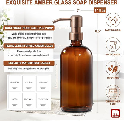 GMISUN Amber Glass Soap Dispenser, 2 Pack Bathroom Hand Soap Dispensers with Rose Gold Pump, 17 Fl Oz Kitchen Hand and Dish Soap Dispenser Set, Modern Vintage Liquid Brown Soap Dispensers Bottle - Image 3