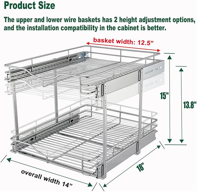DINDON 2 Tier Pull Out Cabinet Organizer (14" W X 18" D), Double Tier Wire Basket Slide Out Shelf Storage for Kitchen Base Cabinet Organization ​for Kitchen, Pantry, Bathroom, Chrome - Image 2