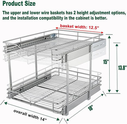 DINDON 2 Tier Pull Out Cabinet Organizer (14" W X 18" D), Double Tier Wire Basket Slide Out Shelf Storage for Kitchen Base Cabinet Organization ​for Kitchen, Pantry, Bathroom, Chrome - Image 2