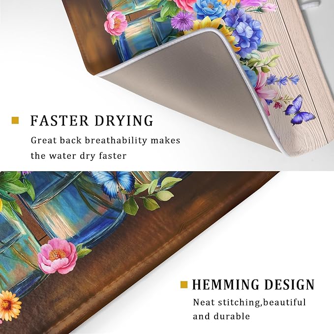 Spring Summer Flowers Dish Drying Mat for Kitchen Counter 18x24in Vintage Colorful Floral Kitchen Drying Mat Soft Absorbent Microfiber Farmhouse Flowers Dish Drainer Rack Mats for Kitchen Countertops
