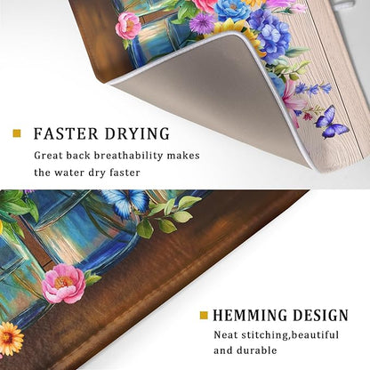 Spring Summer Flowers Dish Drying Mat for Kitchen Counter 18x24in Vintage Colorful Floral Kitchen Drying Mat Soft Absorbent Microfiber Farmhouse Flowers Dish Drainer Rack Mats for Kitchen Countertops