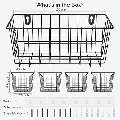 MaraFansie Hanging Wire Baskets Kitchen Storage Basket Adhesive and Screws Basket Over the Cabinet Door Organizer with Adhesive Strips and Screws Accessories, 2 Installations, 4 Pack, Black - Image 7