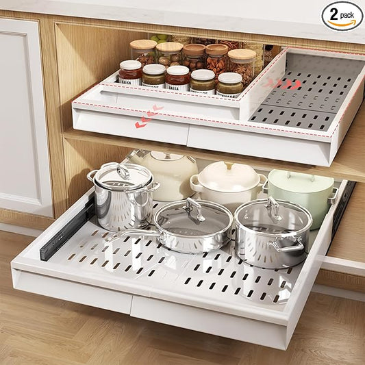 Seinloes 2 Pack Pull Out Cabinet Organizer With Raising Pad for Framed Cabinets,Expandable Width (13"-21") and Depth (17"-24"),3 Slide Rails Slide Out Drawers with Handle,No-Drill Roll Out Shelf,White by Seinloes