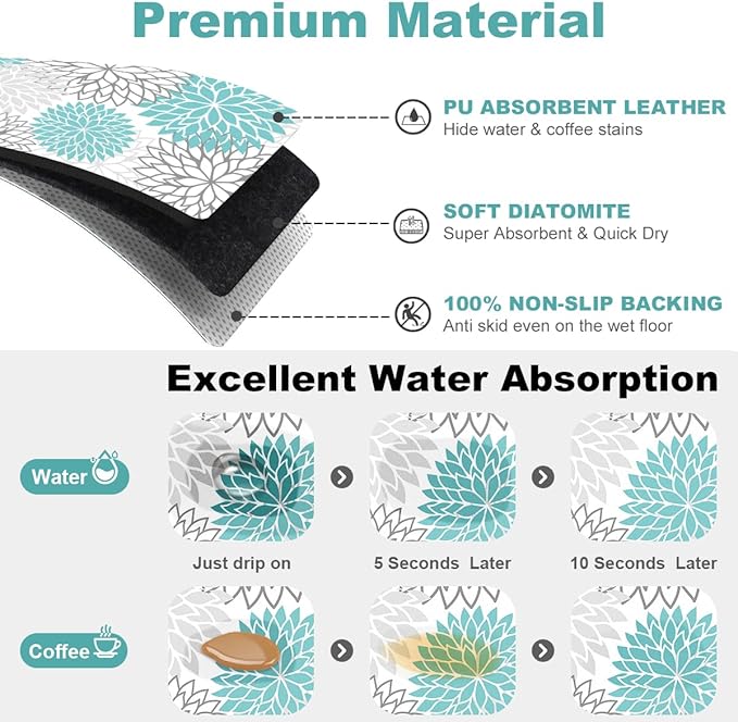 Findosom 2PCS 17" x 32" Dish Drying Mat & 24" x 5.5" Sink Splash Guard, Super Absorbent & Cuttable Dish Mat Drying Kitchen Mat with Teal Floral, Hide Stain Drying Mat for Kitchen Counter - Image 5