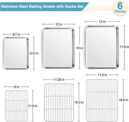 TeamFar Baking Sheet with Rack Set (3 Pans + 3 Racks), 17.6/16/12.5 Inch Stainless Steel Cookie Sheets Baking Pans Trays and Cooling Racks for Cooking Roasting, Non-Toxic & Heavy Duty, Dishwasher Safe
