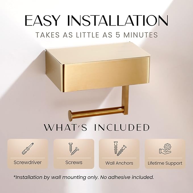 Day Moon™ - Toilet Paper Holder with Shelf - Modern Roll Holder for Bathroom - 1 Pack - Wall Mount - with Storage, Gold - Image 5