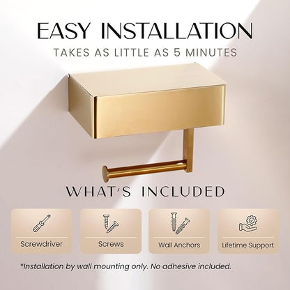 Day Moon™ - Toilet Paper Holder with Shelf - Modern Roll Holder for Bathroom - 1 Pack - Wall Mount - with Storage, Gold - Image 5