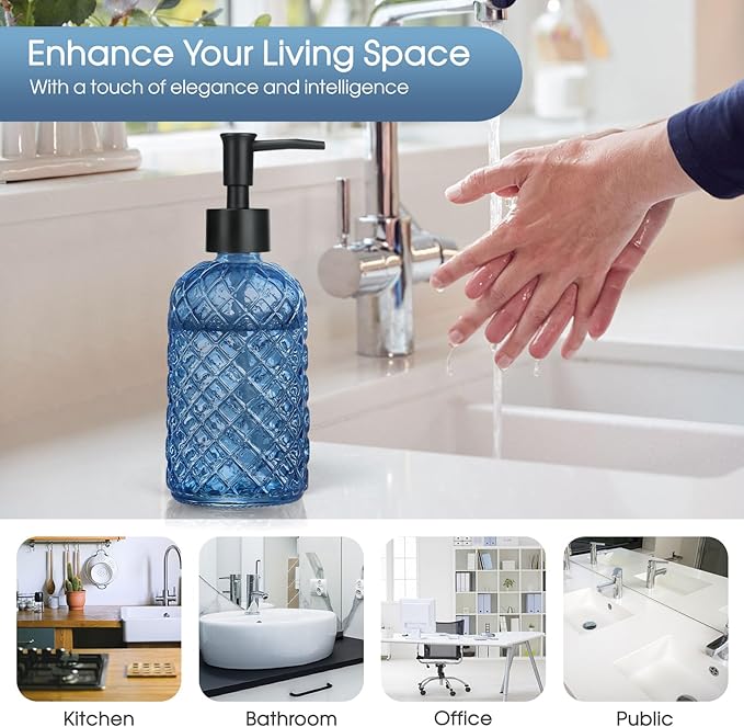 Topsky Gem Glass Soap Dispenser with Black Plastic Pump, 13oz Liquid Hand Soap Dispenser, Rustproof Pump for Kitchen & Bathroom, Great for Lotions, Essential Oil, Liquid Soaps-Blue - Image 6
