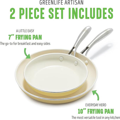 GreenLife Artisan Healthy Ceramic Nonstick, 8" and 10" Frying Pan Skillet Set, Stainless Steel Handle, Induction, PFAS-Free, Dishwasher Safe, Oven Safe, Yellow