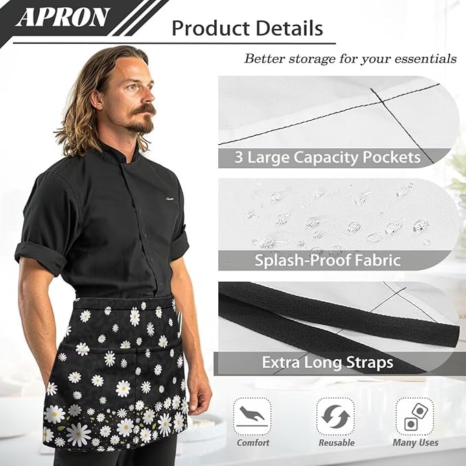 Server Apron with 3 Pockets, Waterproof Oil Waitress Waiter Half Apron for Restaurant Hotel Kitchen Cafe