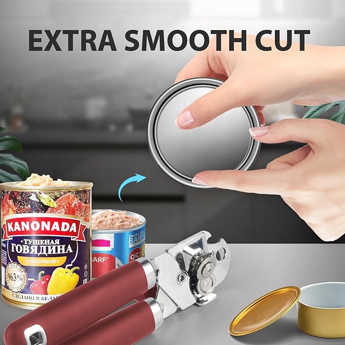 Safring Can Opener Manual, Heavy Duty Handheld Strong Can Opener with Soft Touch Handle, Sharp Blade Smooth Edge, Can Openers with Multifunctional Bottle Opener, Red - Image 7