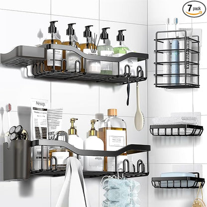 NESOMI Shower Caddy Adhesive Shower Organizer 7-Pack, Rustproof Stainless Steel Bathroom Shelves, Large Capacity No-Drill Rack Storage Accessories with Soap Dish Toothbrush Holder &24 Hooks Home Decor by OrganizeYourHomeEssentials