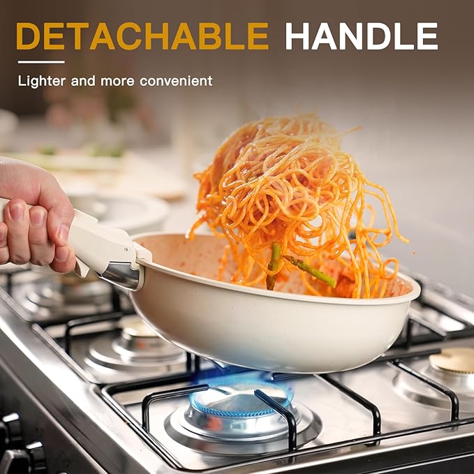 Astercook 21 Pcs Pots and Pans Set Non Stick, Ceramic Cookware Set Detachable Handle, RV Kitchen Cooking Set Removable Handles, Oven Safe, Induction Ready, Stackable, Cream White, Mothers Day Gifts - Image 3