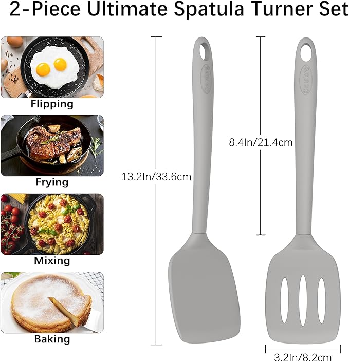 Coukre 2 Pack Silicone Spatula Set, High Heat Resistant, BPA Free Kitchen Spatula, Solid & Slotted Turner for Non-Stick Pans, Sautéing, and Flipping(2, PureGray) - Image 2