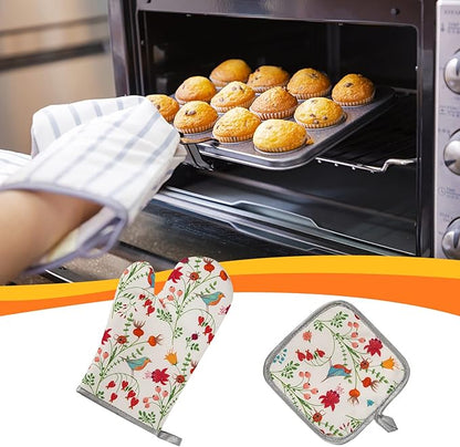 Kitchen Oven Mitts and Pot Holders Sets, Flower Bird Print Oven Gloves and Potholders,Heat-Resistant Oven Gloves and Hot Pads, Kitchen Accessories,Gifts for Women