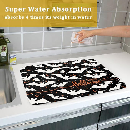 Halloween Drying Mats for Kitchen Counter 18”x24” Happy Halloween Spooky Bat Dishes Pad Microfiber Absorbent Fast Dry Dish Draining Mats Halloween Kitchen Decor Table Protector for Bar Countertop