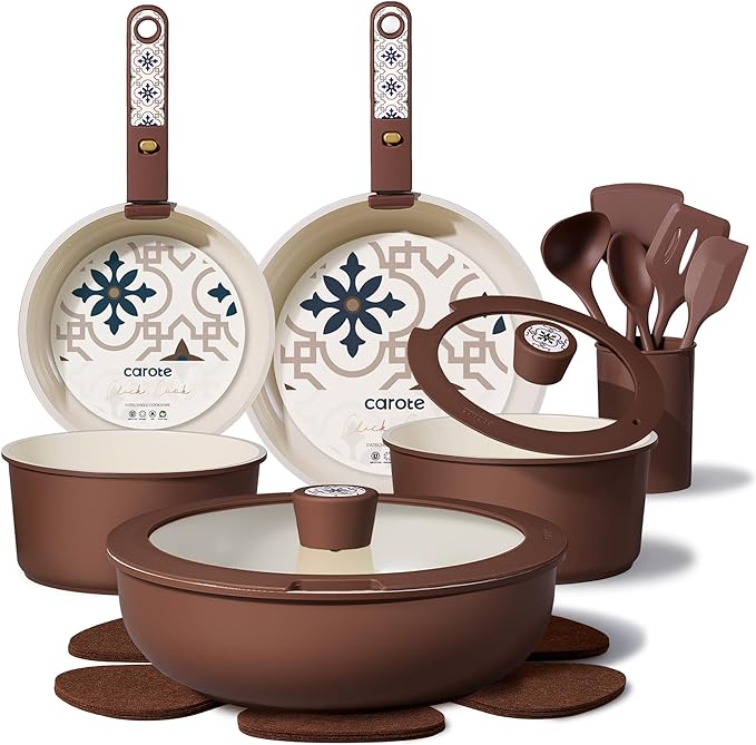 CAROTE 19Pcs Ceramic Cookware Set, Pots and Pans Set Non stick, Non Toxic Cookware Detachable Handle, Kitchen Cooking Set - Induction Cookware, Dishwasher/Oven Safe, PFAS Free, Chocolate by CAROTE