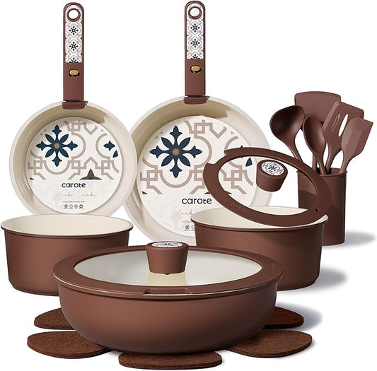 CAROTE 19Pcs Ceramic Cookware Set, Pots and Pans Set Non stick, Non Toxic Cookware Detachable Handle, Kitchen Cooking Set - Induction Cookware, Dishwasher/Oven Safe, PFAS Free, Chocolate by CAROTE