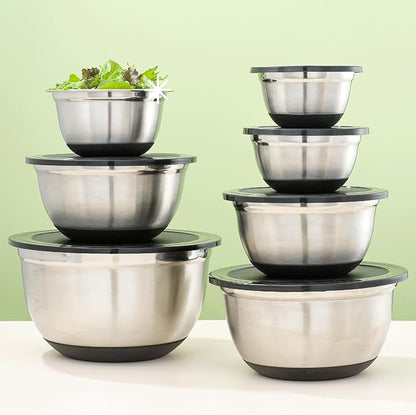 JoyJolt Stainless Steel Mixing Bowls with Airtight Lids, 7 Piece Nesting Bowls Set for Kitchen with Measurement Marks, Non-Slip Bottoms, Cooking, Baking, Prepping, Storage, 7/5/4/3/1.5/1/.75QT, Black