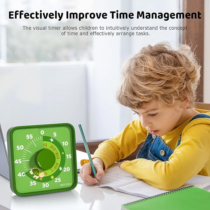 Secura 7.5-Inch Animal Pattern Visual Timer for Kids, 60-Minute Countdown Timer for Classroom or Kitchen, Durable Mechanical Timer Clock with Magnetic Backing (Green) - Image 4