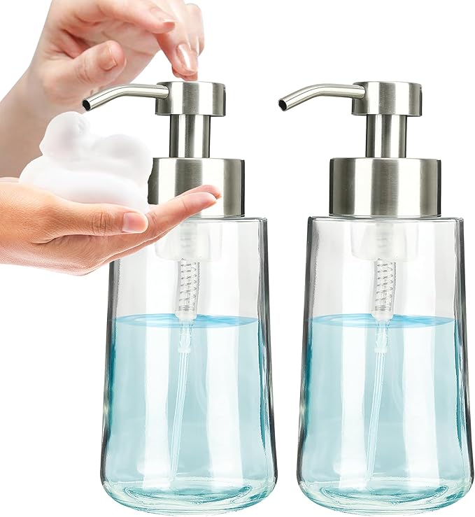 Foaming Hand Soap Dispenser Set, 16 oz Large Glass Soap Dispenser, Foam Dispenser with Stainless Steel Pump & Waterproof Labels, Refillable Soap Bottles for Bathroom Countertop, 2 in 1 by DOILIESE