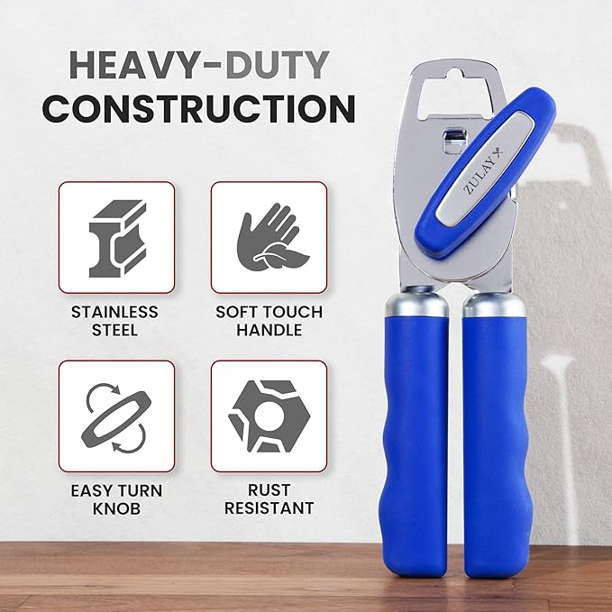 Zulay Kitchen Heavy Duty Stainless Steel Can Opener Manual with Bottle Opener - Rust Proof Manual Can Opener With Turn Knob & Comfy Soft Grip Handles - Royal Blue - Image 3