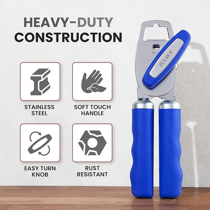 Zulay Kitchen Heavy Duty Stainless Steel Can Opener Manual with Bottle Opener - Rust Proof Manual Can Opener With Turn Knob & Comfy Soft Grip Handles - Royal Blue - Image 3