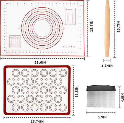 Silicone Baking Mat Sets, Dough Mat with Macaron Baking Mat Pastry Cutter Rolling Pin,Food Safe Pastry Mat, Reusable Cookie Sheets Liner