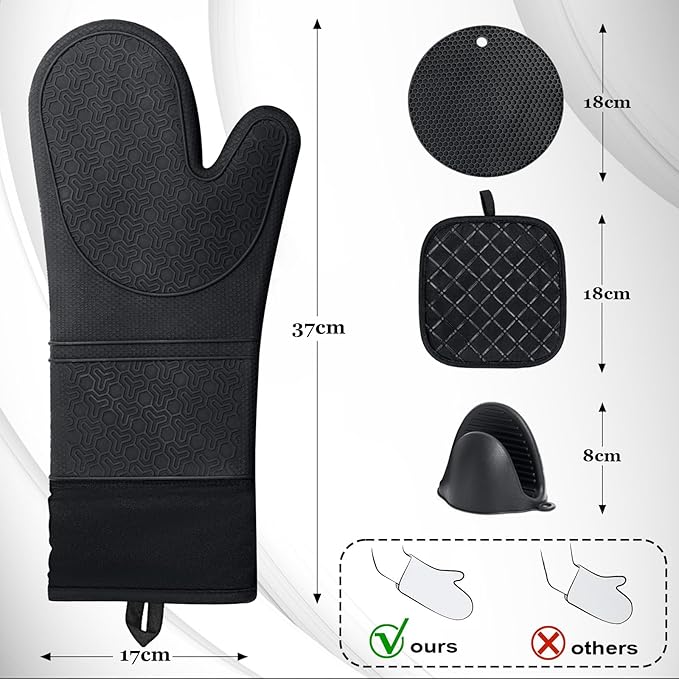 8PCS Oven Mitts and Pot Holders Sets - 480°F Heat Resistant Pot Holders and Oven Mitts, 14.5" Extra Long Silicone Oven Mitts for Cooking, Non-Slip Oven Mitt with Soft Cotton Lining, Black - Image 2