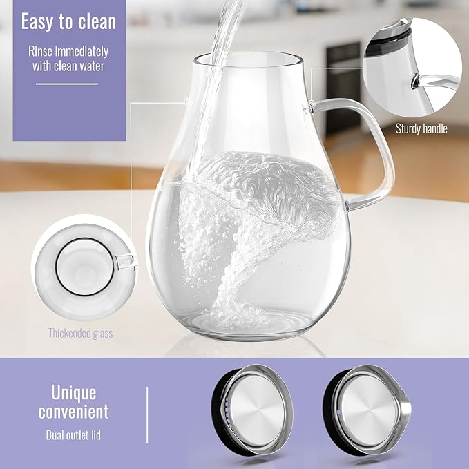 Glass Pitcher With Lid, 2.5 Liter 85 oz Glass Water Pitcher For Fridge, 0.66 Gallon Pitchers With Handle And Lid, Tea Jug Carafe Jar For Hot/Iced Water Milk Juice Coffee Fruit - Image 4