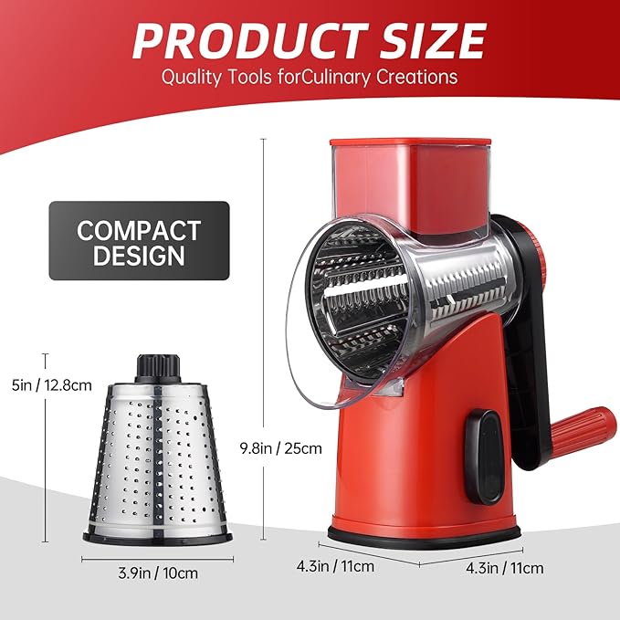 Rotary Cheese Grater with 4 Blades, Hand Crank Cheese Grater with Waffle Slicer, Red, Black and White Cheese Shredder with Suction Base, Easier for Shredding & Grating (Red)