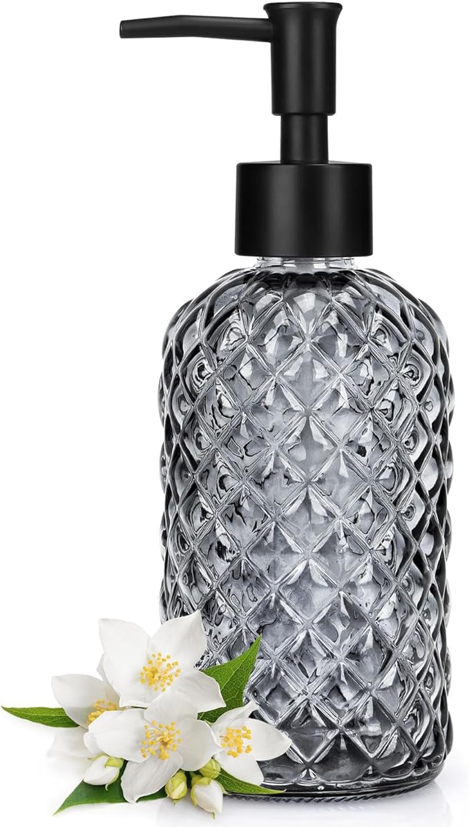 Topsky Gem Glass Soap Dispenser with Black Plastic Pump, 13oz Liquid Hand Soap Dispenser, Rustproof Pump for Kitchen & Bathroom, Great for Lotions, Essential Oil, Liquid Soaps-Gray by HomeandKitchenNO1