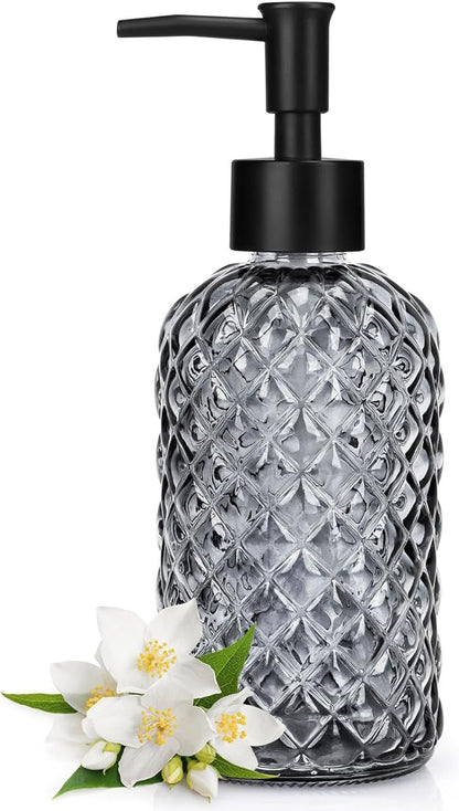 Topsky Gem Glass Soap Dispenser with Black Plastic Pump, 13oz Liquid Hand Soap Dispenser, Rustproof Pump for Kitchen & Bathroom, Great for Lotions, Essential Oil, Liquid Soaps-Gray by HomeandKitchenNO1