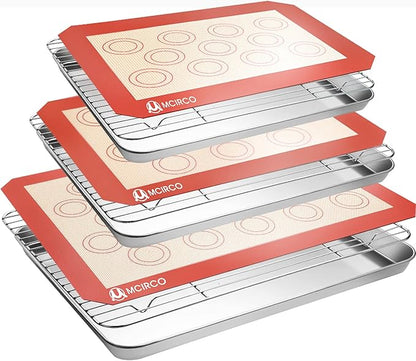 Stainless Steel Baking Sheet Tray Cooling Rack with Silicone Baking Mat Set, Cookie Pan with Cooling Rack, Set of 9 (3 Sheets + 3 Racks + 3 Mats), 10/12/16 Inch, Easy Clean by MMCIRCO