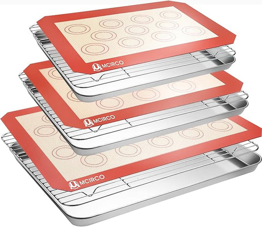 Stainless Steel Baking Sheet Tray Cooling Rack with Silicone Baking Mat Set, Cookie Pan with Cooling Rack, Set of 9 (3 Sheets + 3 Racks + 3 Mats), 10/12/16 Inch, Easy Clean by MMCIRCO