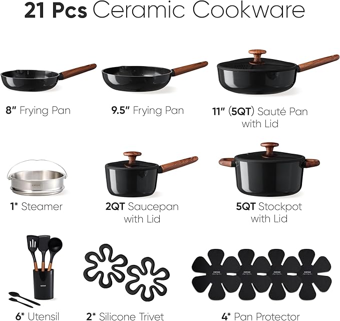 CAROTE 21pcs Cookware Set Nonstick Pots and Pans Set, Ceramic Cookware Set Induction Cookware, Non toxic Healthy Non Stick Kitchen Cooking Set, PFAS PTFE Free, Black - Image 2