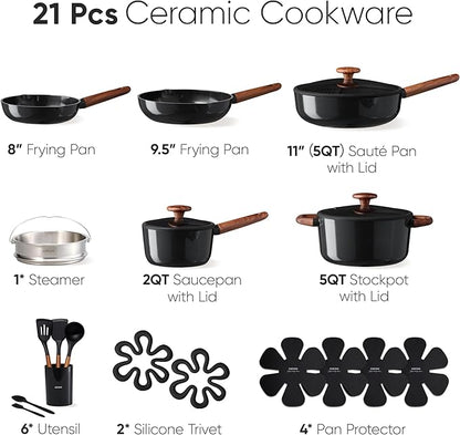 CAROTE 21pcs Cookware Set Nonstick Pots and Pans Set, Ceramic Cookware Set Induction Cookware, Non toxic Healthy Non Stick Kitchen Cooking Set, PFAS PTFE Free, Black - Image 2