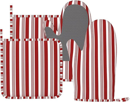 Abstract Red and White Striped Oven Mitts and Pot Holders Set, 4pcs Candy Cane Pattern Christmas Silicone Oven Glove for Kitchen Heat Resistant Oven Mitts and Potholders Non-Slip for Cooking
