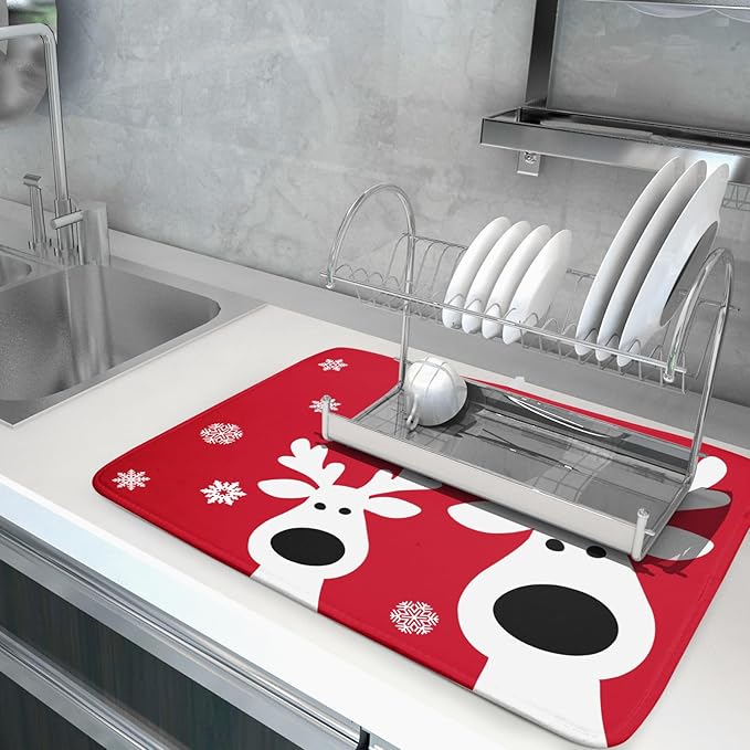 Christmas Dish Drying Mat for Kitchen Counter Cute Reindeer Winter Microfiber Absorbent Dish Draining Reusable Washable Foldable Extra Large 18"x24" - Image 5