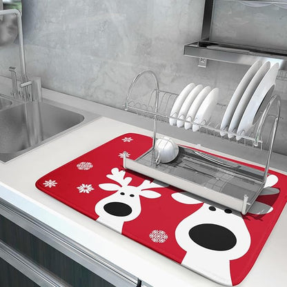 Christmas Dish Drying Mat for Kitchen Counter Cute Reindeer Winter Microfiber Absorbent Dish Draining Reusable Washable Foldable Extra Large 18"x24" - Image 5